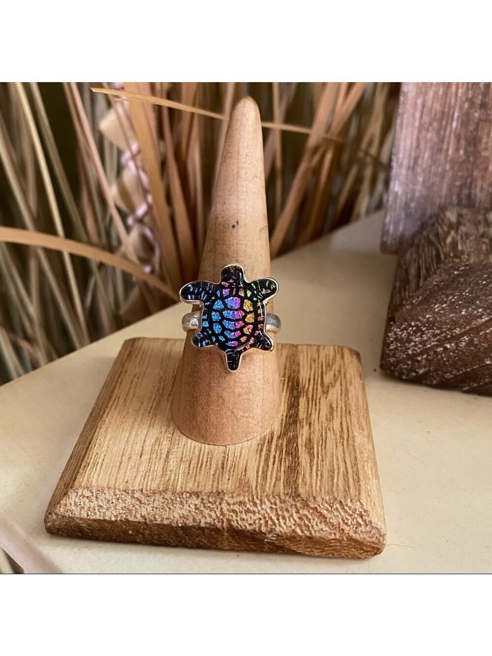 Turtle Dichroic Glass Sterling Silver Ring Size 8